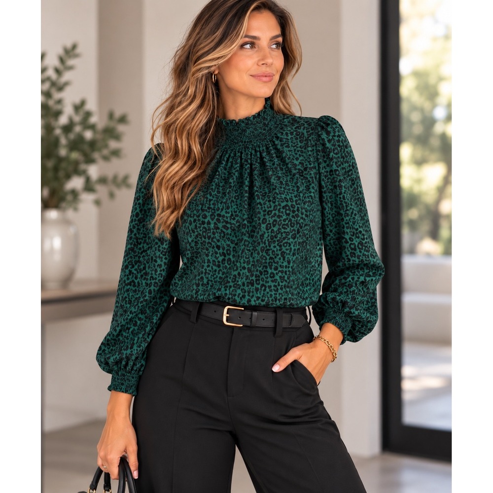 Chic Emerald Green Leopard Smocked Mock Neck Puff Sleeve Blouse Work Office Sz M